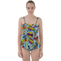 Comic Elements Colorful Seamless Pattern Twist Front Tankini Set