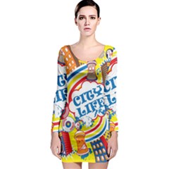 Colorful City Life Horizontal Seamless Pattern Urban City Long Sleeve Bodycon Dress by Amaryn4rt