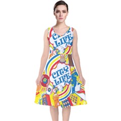 Colorful City Life Horizontal Seamless Pattern Urban City V-neck Midi Sleeveless Dress  by Amaryn4rt