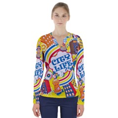 Colorful City Life Horizontal Seamless Pattern Urban City V-neck Long Sleeve Top by Amaryn4rt