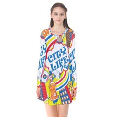 Colorful City Life Horizontal Seamless Pattern Urban City Long Sleeve V-neck Flare Dress by Amaryn4rt