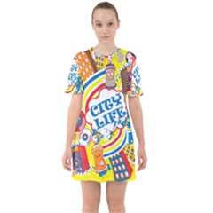 Colorful City Life Horizontal Seamless Pattern Urban City Sixties Short Sleeve Mini Dress by Amaryn4rt