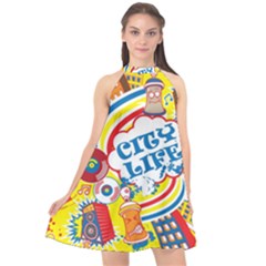 Colorful City Life Horizontal Seamless Pattern Urban City Halter Neckline Chiffon Dress  by Amaryn4rt