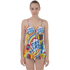 Colorful City Life Horizontal Seamless Pattern Urban City Babydoll Tankini Set by Amaryn4rt