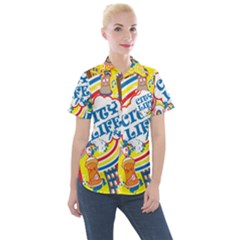 Colorful City Life Horizontal Seamless Pattern Urban City Women s Short Sleeve Pocket Shirt