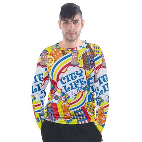 Colorful City Life Horizontal Seamless Pattern Urban City Men s Long Sleeve Raglan Tee by Amaryn4rt