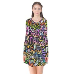 Graffiti Word Seamless Pattern Long Sleeve V-neck Flare Dress by Amaryn4rt