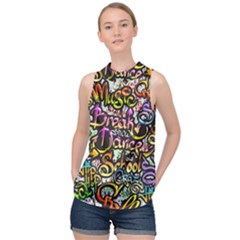 Graffiti Word Seamless Pattern High Neck Satin Top by Amaryn4rt