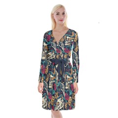 Vintage Art Tattoos Colorful Seamless Pattern Long Sleeve Velvet Front Wrap Dress by Amaryn4rt