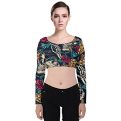 Vintage Art Tattoos Colorful Seamless Pattern Velvet Long Sleeve Crop Top by Amaryn4rt