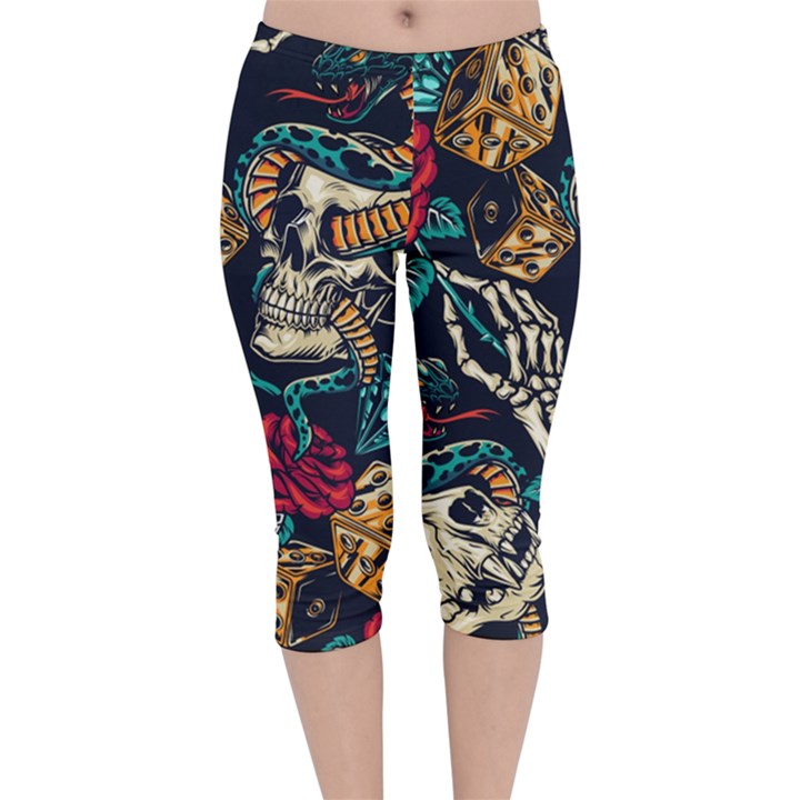 Vintage Art Tattoos Colorful Seamless Pattern Velvet Capri Leggings 