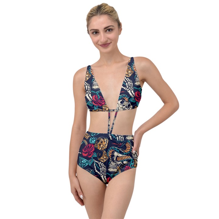 Vintage Art Tattoos Colorful Seamless Pattern Tied Up Two Piece Swimsuit