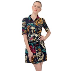 Vintage Art Tattoos Colorful Seamless Pattern Belted Shirt Dress by Amaryn4rt