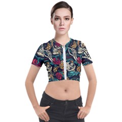 Vintage Art Tattoos Colorful Seamless Pattern Short Sleeve Cropped Jacket by Amaryn4rt