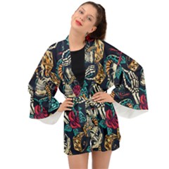 Vintage Art Tattoos Colorful Seamless Pattern Long Sleeve Kimono by Amaryn4rt