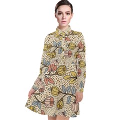 Seamless Pattern With Flower Bird Long Sleeve Chiffon Shirt Dress by Amaryn4rt