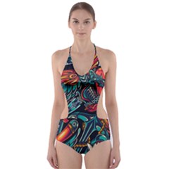 Vintage Tattoos Colorful Seamless Pattern Cut-out One Piece Swimsuit by Amaryn4rt