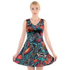 Vintage Tattoos Colorful Seamless Pattern V-neck Sleeveless Dress by Amaryn4rt