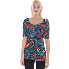 Vintage Tattoos Colorful Seamless Pattern Wide Neckline Tee