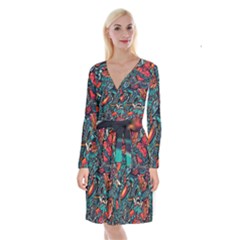 Vintage Tattoos Colorful Seamless Pattern Long Sleeve Velvet Front Wrap Dress by Amaryn4rt