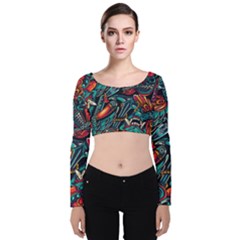 Vintage Tattoos Colorful Seamless Pattern Velvet Long Sleeve Crop Top by Amaryn4rt