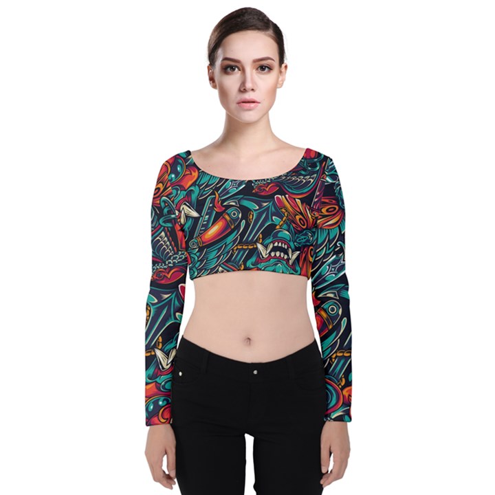 Vintage Tattoos Colorful Seamless Pattern Velvet Long Sleeve Crop Top