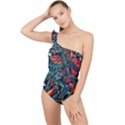 Vintage Tattoos Colorful Seamless Pattern Frilly One Shoulder Swimsuit View1