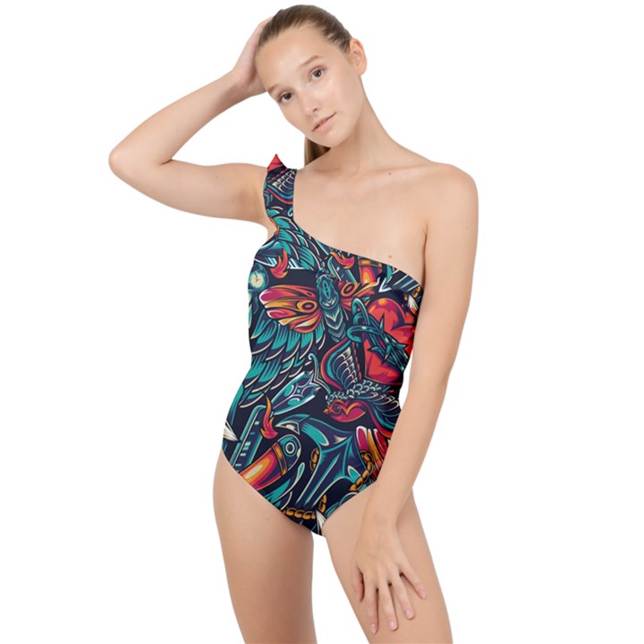 Vintage Tattoos Colorful Seamless Pattern Frilly One Shoulder Swimsuit