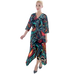 Vintage Tattoos Colorful Seamless Pattern Quarter Sleeve Wrap Front Maxi Dress by Amaryn4rt