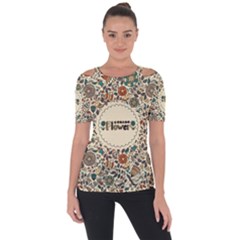 Seamless Pattern With Flower Birds Shoulder Cut Out Short Sleeve Top