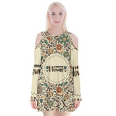 Seamless Pattern With Flower Birds Velvet Long Sleeve Shoulder Cutout Dress