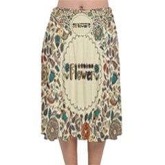 Seamless Pattern With Flower Birds Velvet Flared Midi Skirt