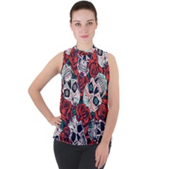 Vintage Day Dead Seamless Pattern Mock Neck Chiffon Sleeveless Top