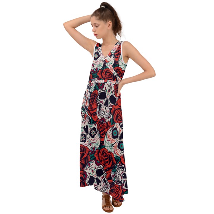 Vintage Day Dead Seamless Pattern V-Neck Chiffon Maxi Dress