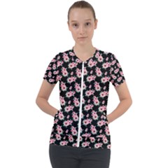 Floral Print Short Sleeve Zip Up Jacket by Saptagram