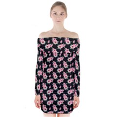 Floral Print Long Sleeve Off Shoulder Dress by Saptagram