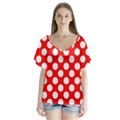 Large White Polka Dots Pattern, Retro Style, Pinup Pattern V-neck Flutter Sleeve Top by Casemiro