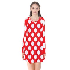 Large White Polka Dots Pattern, Retro Style, Pinup Pattern Long Sleeve V-neck Flare Dress by Casemiro