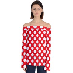 Large White Polka Dots Pattern, Retro Style, Pinup Pattern Off Shoulder Long Sleeve Top by Casemiro