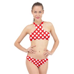 Large White Polka Dots Pattern, Retro Style, Pinup Pattern High Neck Bikini Set by Casemiro