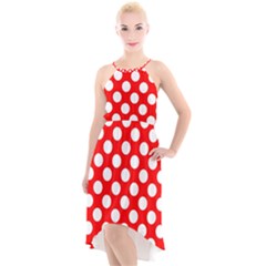 Large White Polka Dots Pattern, Retro Style, Pinup Pattern High-low Halter Chiffon Dress  by Casemiro