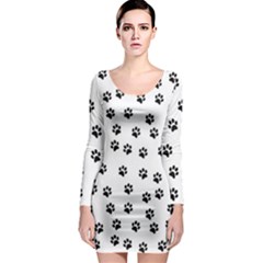 Dog Paws Pattern, Black And White Vector Illustration, Animal Love Theme Long Sleeve Bodycon Dress by Casemiro