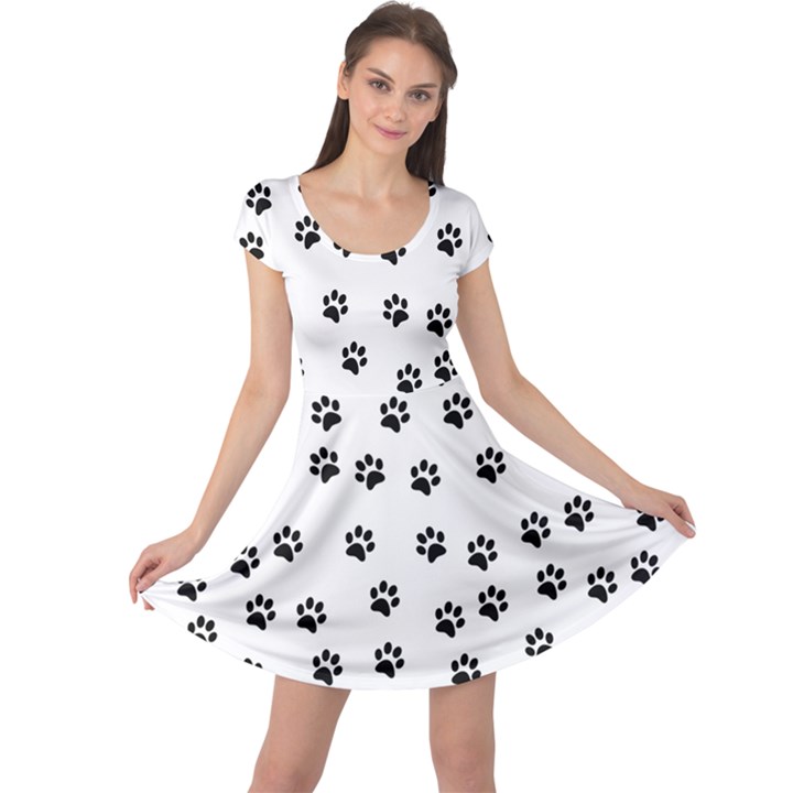 Dog paws pattern, black and white vector illustration, animal love theme Cap Sleeve Dress