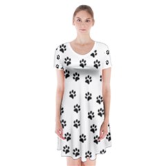 Dog Paws Pattern, Black And White Vector Illustration, Animal Love Theme Short Sleeve V-neck Flare Dress by Casemiro