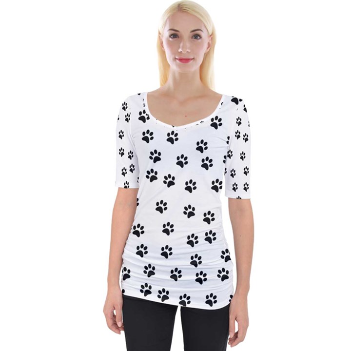 Dog paws pattern, black and white vector illustration, animal love theme Wide Neckline Tee