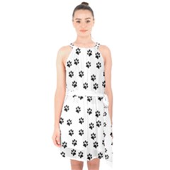 Dog Paws Pattern, Black And White Vector Illustration, Animal Love Theme Halter Collar Waist Tie Chiffon Dress by Casemiro