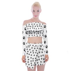 Dog Paws Pattern, Black And White Vector Illustration, Animal Love Theme Off Shoulder Top With Mini Skirt Set by Casemiro