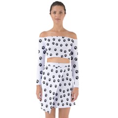 Dog Paws Pattern, Black And White Vector Illustration, Animal Love Theme Off Shoulder Top With Skirt Set by Casemiro