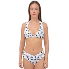 Dog Paws Pattern, Black And White Vector Illustration, Animal Love Theme Double Strap Halter Bikini Set by Casemiro