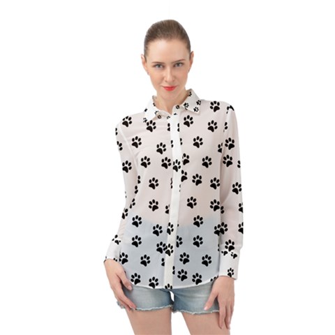 Dog Paws Pattern, Black And White Vector Illustration, Animal Love Theme Long Sleeve Chiffon Shirt by Casemiro